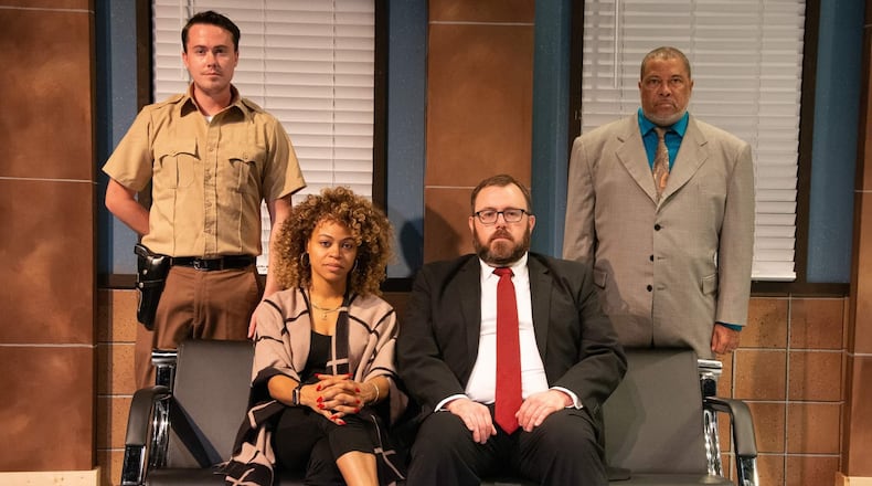 (left to right) Nathan Evans (Paul Larkin), Teresa Lynn (Kendra Ellis Connor), Robert Brumberg (Scott Connor) and Franklin Johnson (John Stokes) in Dayton Playhouse's production of "American Son."