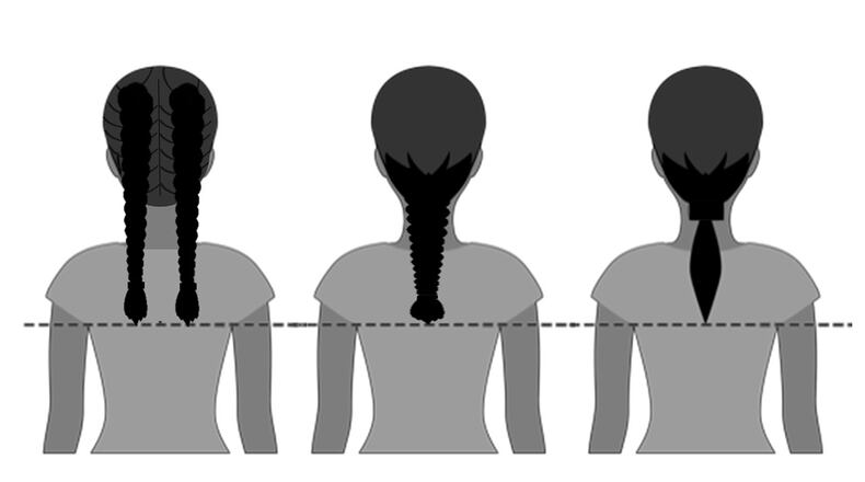 Beginning in February 2021, female Airmen will be able to wear their hair in up to two braids or a single ponytail with bulk not exceeding the width of the head and length not extending below a horizontal line running between the top of each sleeve inseam at the under arm through the shoulder blades. In addition, women’s bangs may now touch their eyebrows but not cover their eyes. U.S. AIR FORCE GRAPHIC/COREY PARRISH
