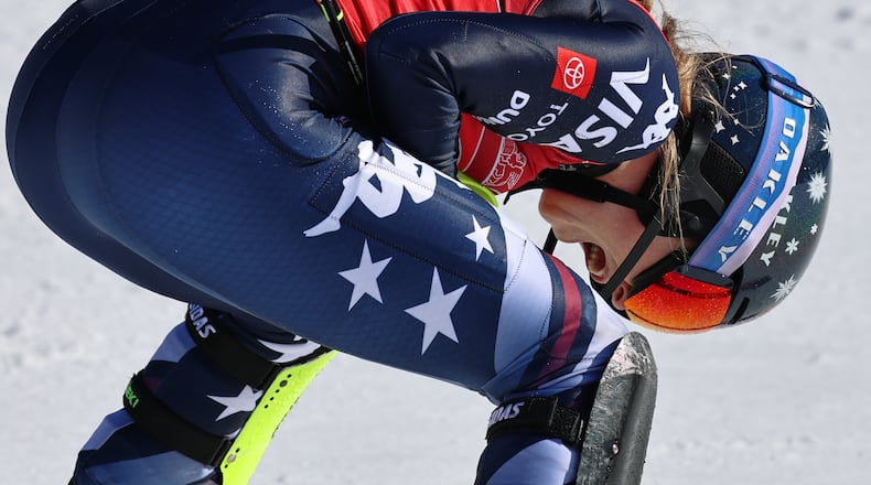 United States' Mikaela Shiffrin reacts after winning an alpine ski, women's World Cup slalom, in Are, Sweden, Sunday, March 15, 2026. (AP Photo/Marco Trovati)