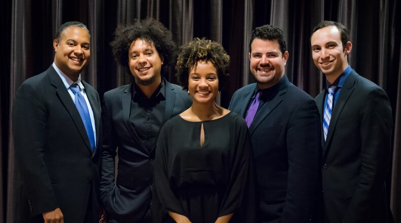Harlem Quartet plus one, (left to right) Ilmar Gavilán, Aldo López-Gavilán, Melissa White, Jaime Amador and Felix Umansky, perform in a Vanguard Legacy Concert in the University of Dayton’s Sears Recital Hall on Sunday, Feb. 27.