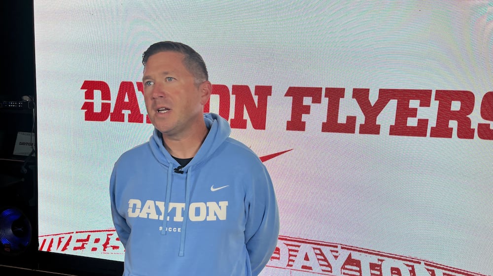 Dayton women's soccer Eric Golz talks to local media on Wednesday, Sept. 10, 2025, at UD's Cronin Center. David Jablonski/Staff