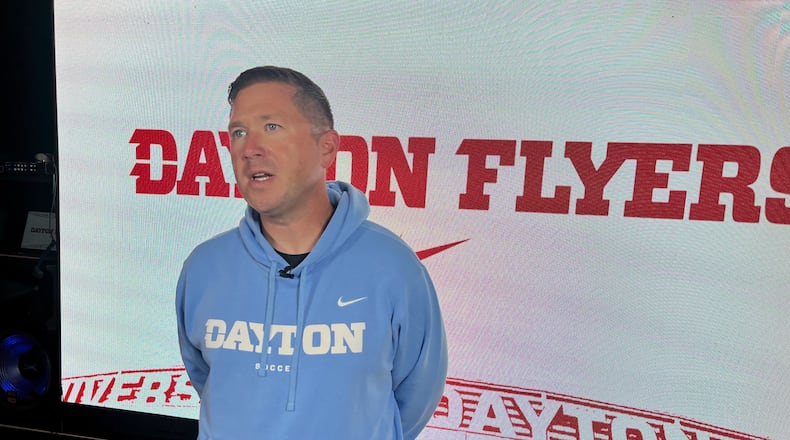 Dayton women's soccer Eric Golz talks to local media on Wednesday, Sept. 10, 2025, at UD's Cronin Center. David Jablonski/Staff