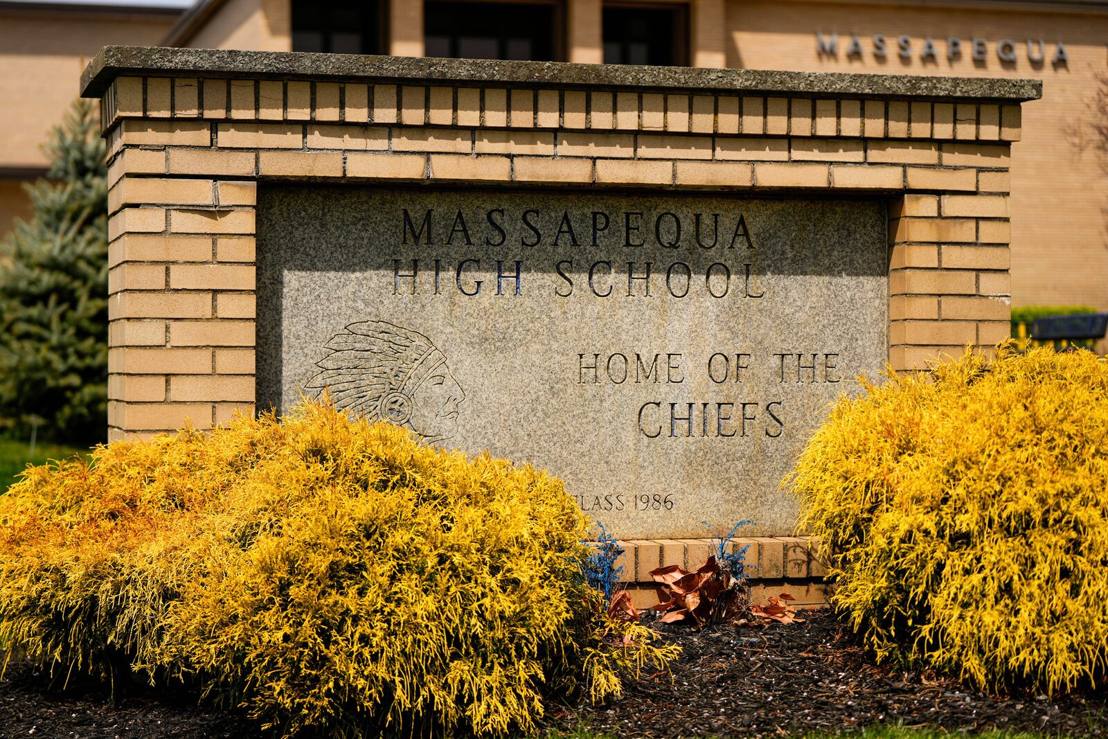 A marquee announces "Home of the Chiefs" at the Massapequa High School, in Massapequa, N.Y., Friday, April 25, 2025. (AP Photo/Julia Demaree Nikhinson)