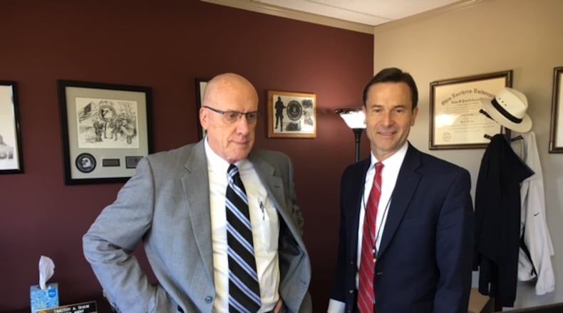 From left: Timothy Shaw, SP Global Inc. vice president-Midwest operations, and Roger Mann, SP Global vice president-solutions, find and harness Air Force technologies and innovations that can be commercialized. THOMAS GNAU/STAFF