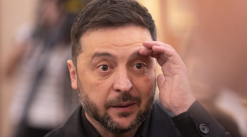 Ukrainian President Volodymyr Zelenskyy arrives at the Spanish parliament in Madrid, Spain, Tuesday, Nov. 18, 2025. (Eduardo Parra/Europa Press via AP)