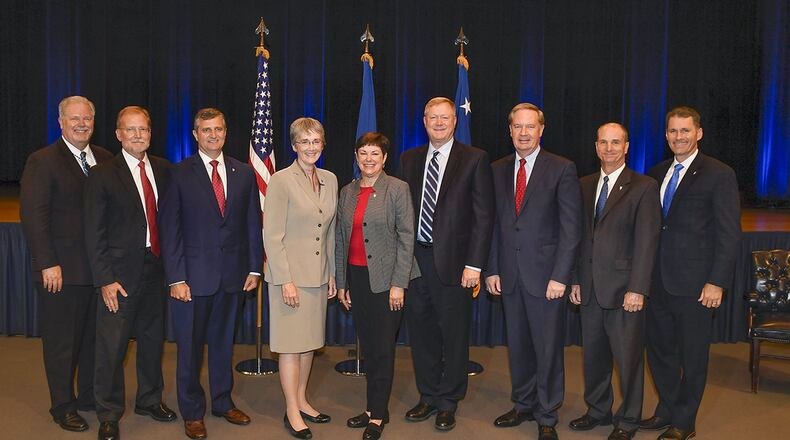 Secretary of the Air Force Heather Wilson hosts the annual Presidential Rank Awards ceremony and stands with this year’s recipients in the Pentagon Auditorium, Arlington, Va., July 6. The honorees include D. Mark Peterson, Steven D. Wert, David Drake, Patricia Young, Randell Walden, C. Douglas Ebersole, Dr. Kenneth Barker and Andrew Cox. (U.S. Air Force photo/Andy Morataya)