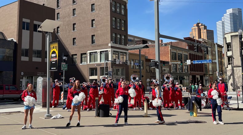 The Flyer Pep Band and cheerleaders perform before Dayton's game against Saint Louis in the semifinals of the Atlantic 10 Conference tournament on Saturday, March 14, 2026, at PPG Paints Arena in Pittsburgh. David Jablonski/Staff