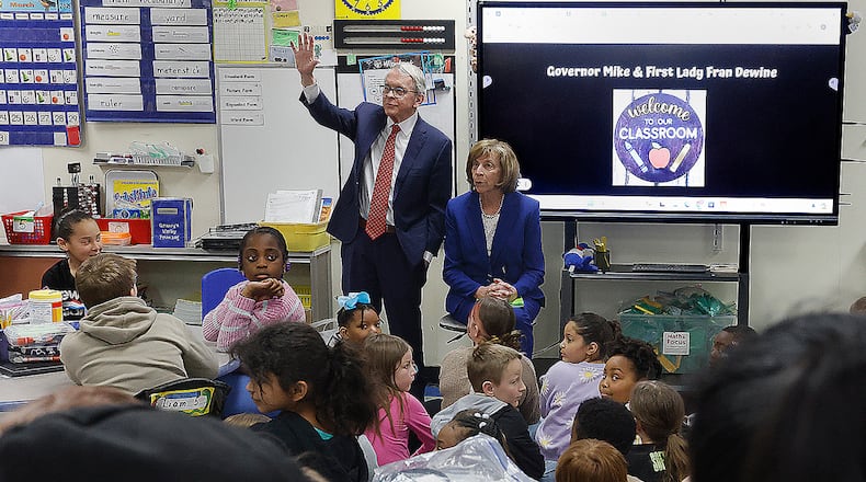 Ohio Gov. Mike DeWine and First Lady Fran DeWine visited Harold Schnell Elementary School in West Carrollton to recognize it as part of the governor’s new Science of Reading Recognition Program Monday, March 24, 2025. The visit was part of a new effort to recognize Ohio schools that are raising literacy achievement for their students as they become aligned with the program. Harold Schnell Elementary was one of six elementary schools in the Miami Valley to receive the recognition. MARSHALL GORBY/STAFF
