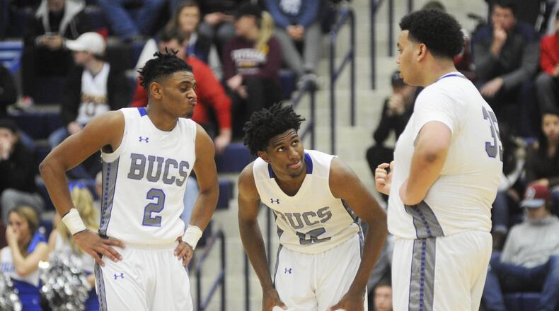 Xenia’s Meechi Harris, Samari Curtis and Norde’ Uloho vs. Olentangy Liberty in the 16th annual Premier Health Flyin’ to the Hoop at Fairmont’s Trent Arena on Saturday, Jan. 13, 2018. MARC PENDLETON / STAFF