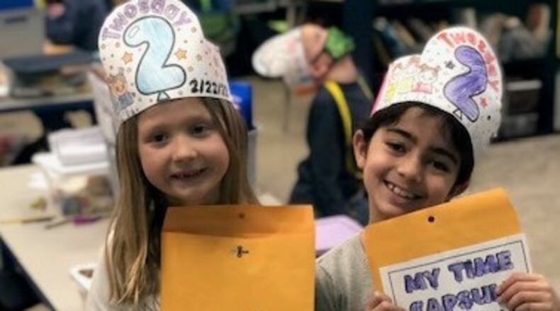 First-graders at Clearcreek Elementary in Springboro celebrated "Twosday" on Feb. 22 Courtesy of Alyce Haren.