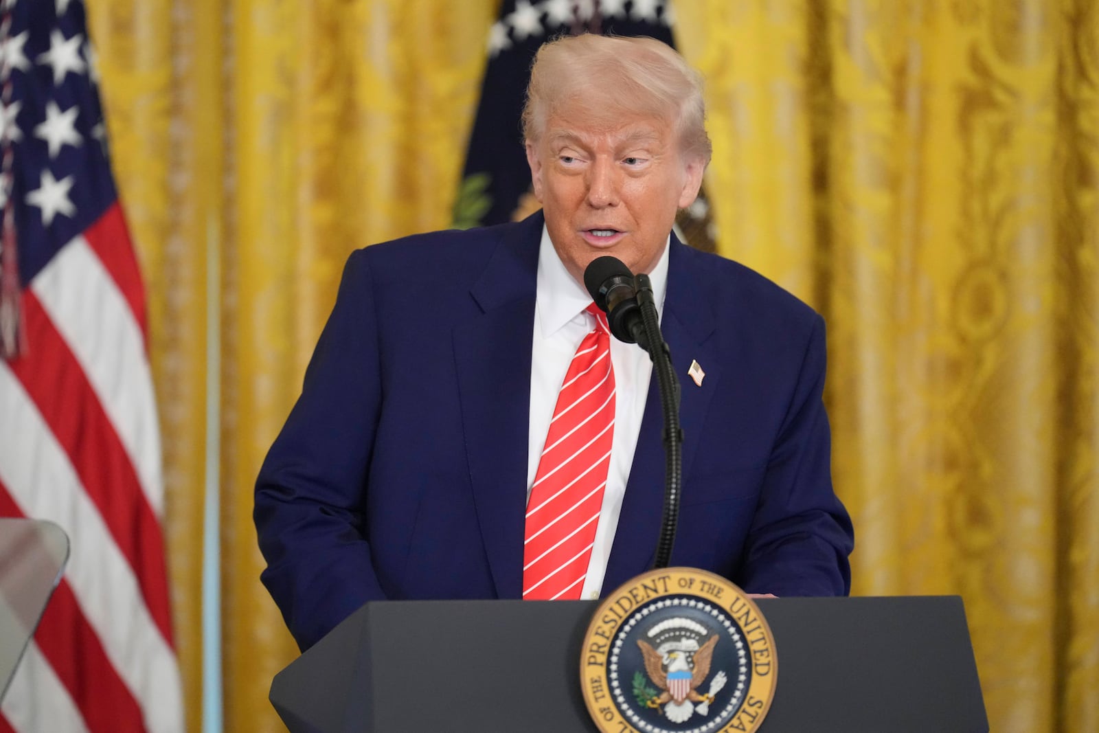 President Donald Trump speaks at an event for Military Mothers, Thursday, May 8, 2025, in the East Room of the White House in Washington. (AP Photo/Jacquelyn Martin)
