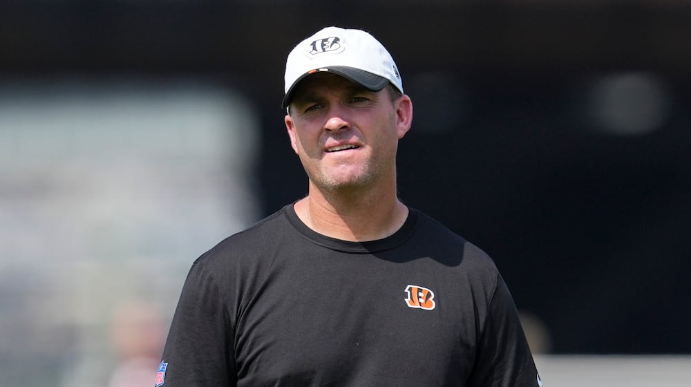 Cincinnati Bengals' head coach Zac Taylor looks on during practice at the team's NFL football training camp, Thursday, July 24, 2025, in Cincinnati. (AP Photo/Jeff Dean)