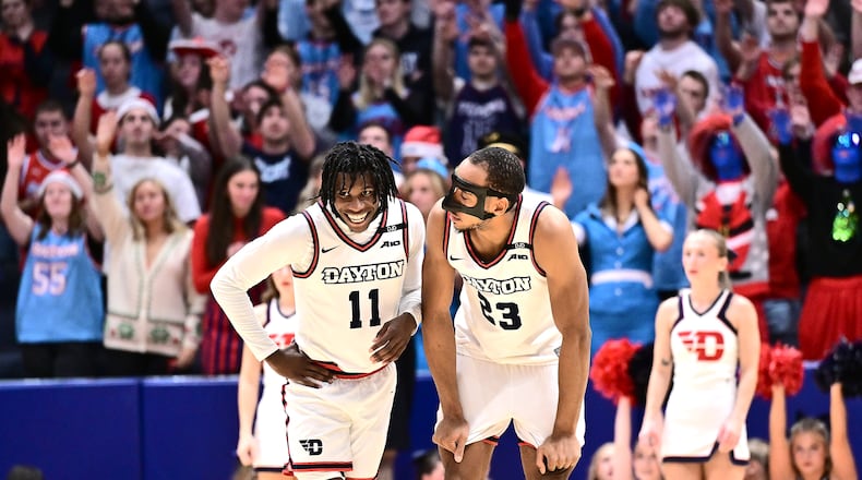 Dayton's Malachi Smith (left) and Zed Key during Saturday's win over Lehigh at UD Arena. Erik Schelkun/UD Athletics photo
