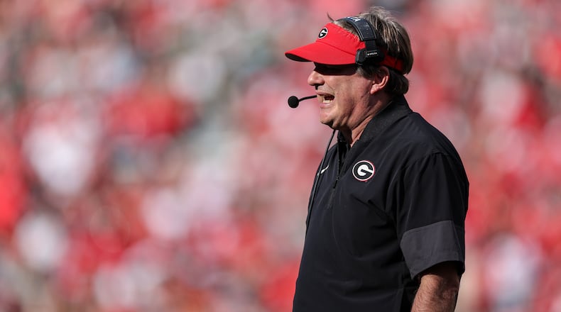 Georgia head coach Kirby Smart reacts during the first half of an NCAA college football game against Charlotte, Saturday, Nov. 22, 2025, in Athens, Ga. (AP Photo/Colin Hubbard)