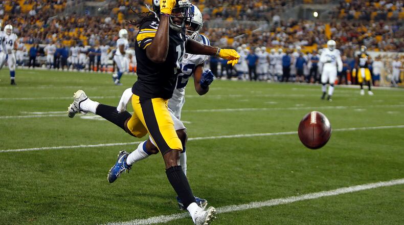 PITTSBURGH, PA - AUGUST 26: Sammie Coates #14 of the Pittsburgh Steelers can’t pull in a pass against Tyson Graham #42 of the Indianapolis Colts during a preseason game on August 26, 2017 at Heinz Field in Pittsburgh, Pennsylvania. (Photo by Justin K. Aller/Getty Images)