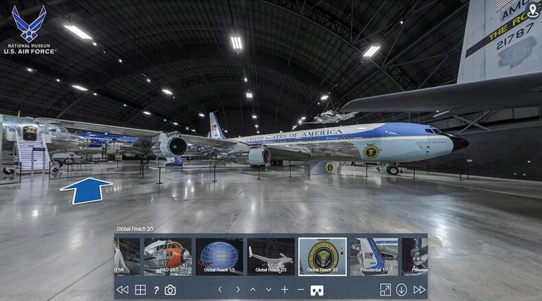 The virtual tour allows visitors to take a virtual, 360-degree, self-guided tour of the entire National Museum of the U.S. Air Force by navigating from gallery to gallery either by using a drop-down map or by following navigational arrows connecting the individual nodes. Icons indicate hotspots where the visitor can get additional information such as videos, audio and links to online resources. (U.S. Air Force photo)