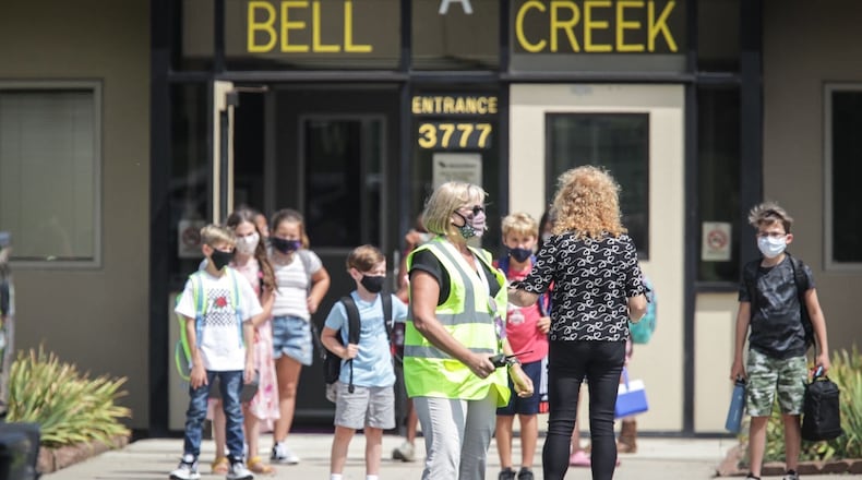 Bellbrook Intermediate released their students after the first day of school Monday August 17, 2020 JIM NOELKER/STAFF