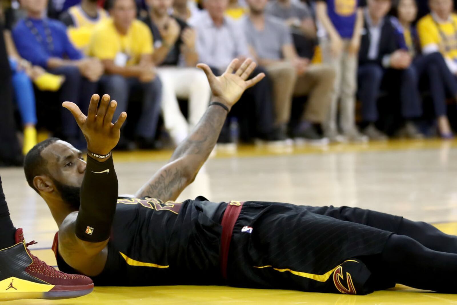 OAKLAND, CA - MAY 31:  LeBron James #23 of the Cleveland Cavaliers reacts against the Golden State Warriors in Game 1 of the 2018 NBA Finals at ORACLE Arena on May 31, 2018 in Oakland, California. NOTE TO USER: User expressly acknowledges and agrees that, by downloading and or using this photograph, User is consenting to the terms and conditions of the Getty Images License Agreement.  (Photo by Ezra Shaw/Getty Images)