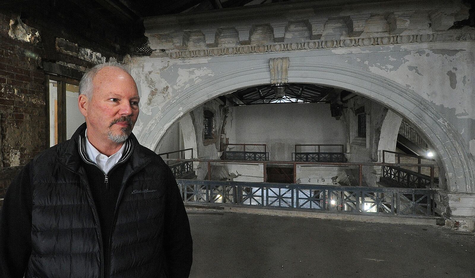 Dave Williams, of Cross Street Partners, talks about work being done on phase 2 of the Dayton Arcade.  MARSHALL GORBY\STAFF