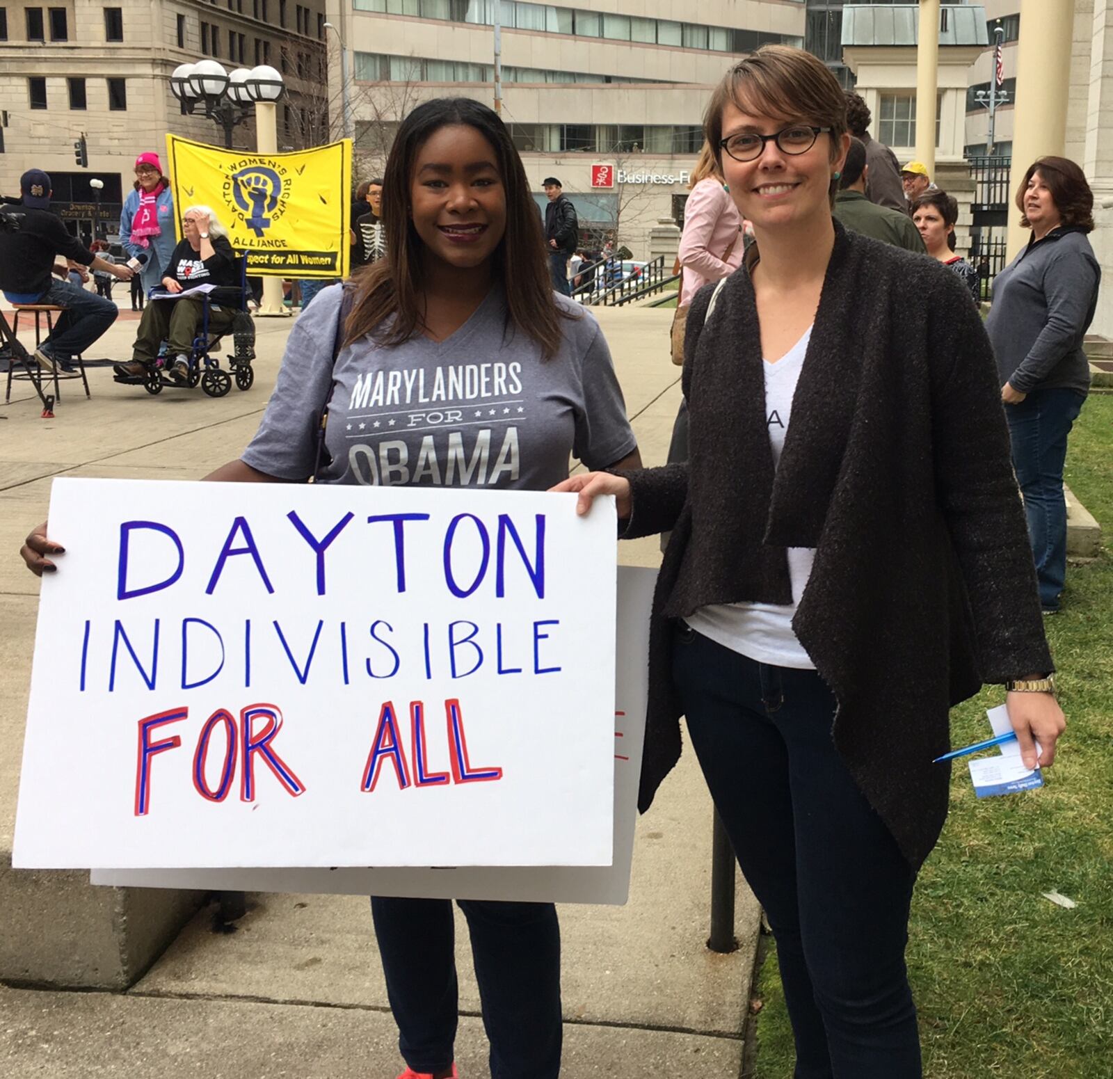 Ellie Tripp, 32, Dayton and Janelle Dixon, 28, of Dayton are both with the new group Dayton Indivisible For All. They came to the Dayton rally in support of the Women's March on Washington.