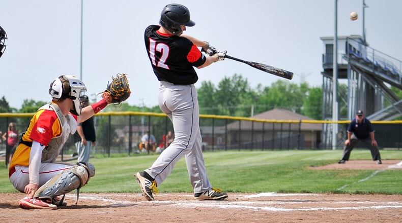 Franklin’s Casey Judy connects for a double during their Division II district championship baseball game against Fenwick on May 24, 2019, at Miamisburg High School in Miamisburg. Franklin won 11-2. NICK GRAHAM/STAFF