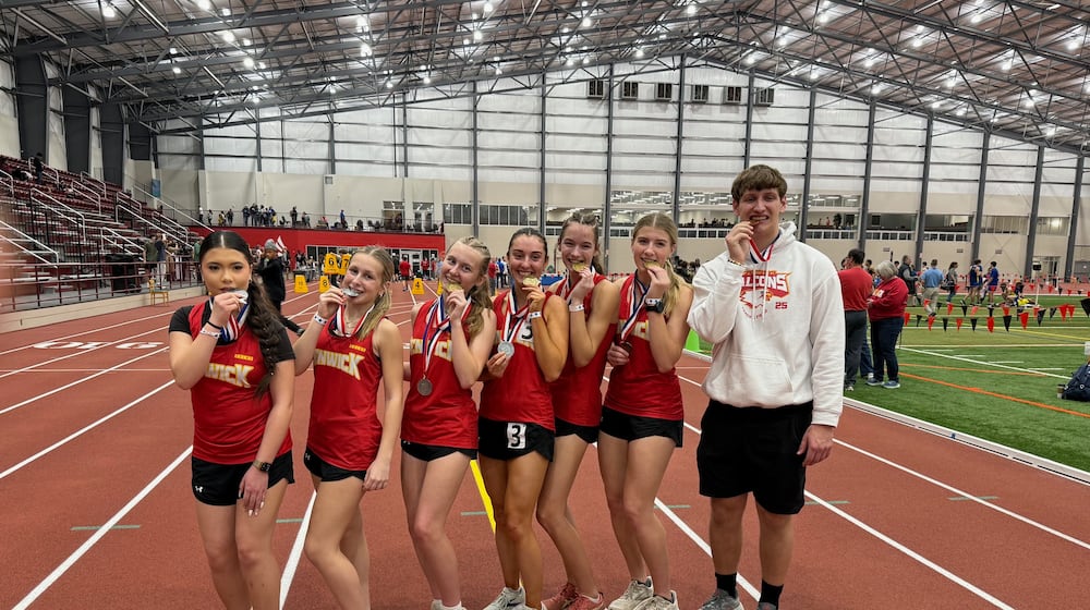 These seven Fenwick High School students medaled Saturday at the state indoor track and field championship in Geneva. From left: Lulu Hong, Lucy Tipton, Hailey Yontz, Makenzie Fallon, Sophia Tebbe, Sam Long and Ben Abbott. SUBMITTED PHOTO