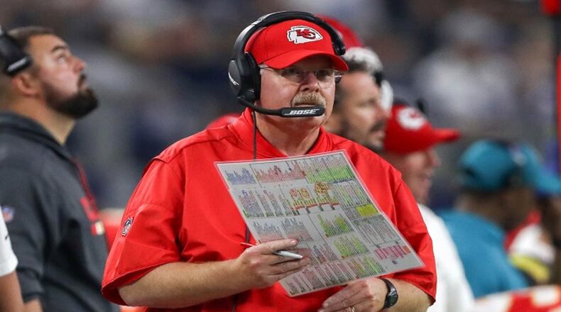 Kansas City Chiefs head coach Andy Reid looks on during the game against the Dallas Cowboys on Sunday, Nov. 5, 2017 at AT&T Stadium in Arlington, Texas. (Steve Nurenberg/Fort Worth Star-Telegram/TNS)