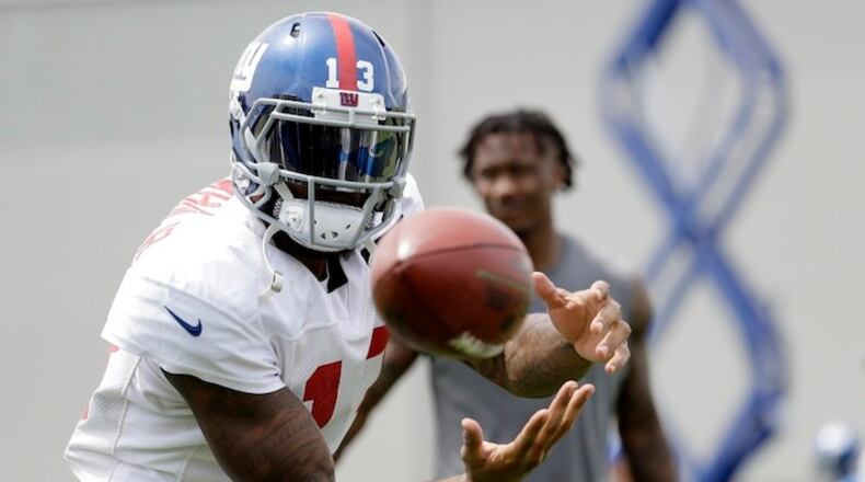 New York Giants wide receiver Odell Beckham works out during NFL football training camp, Tuesday, Aug. 8, 2017, in East Rutherford, N.J. (AP Photo/Julio Cortez)