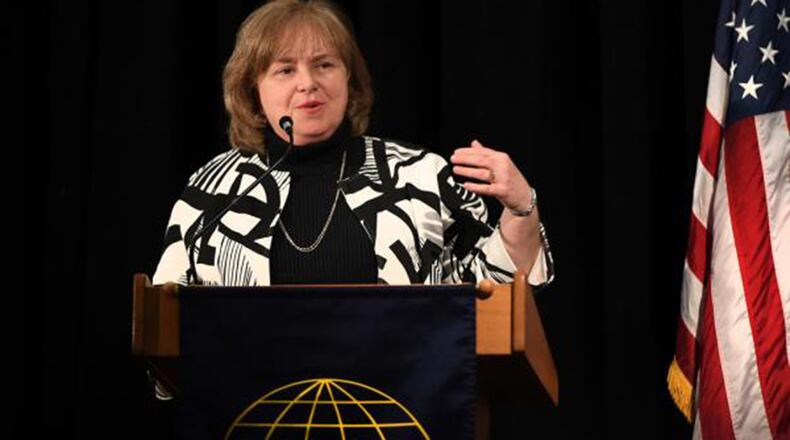 Farris Welsh, Air Force Materiel Command director for Small Business Programs, speaks to attendees during the New Horizons conference Feb. 28 in Newton, Mass. During her presentation, Welsh highlighted the importance of small businesses for the defense community. AFMC was recently presented the Verdure Award as a team that best demonstrates industrial competitiveness and innovative approaches in working with small businesses. (U.S. Air Force photo/Todd Maki)