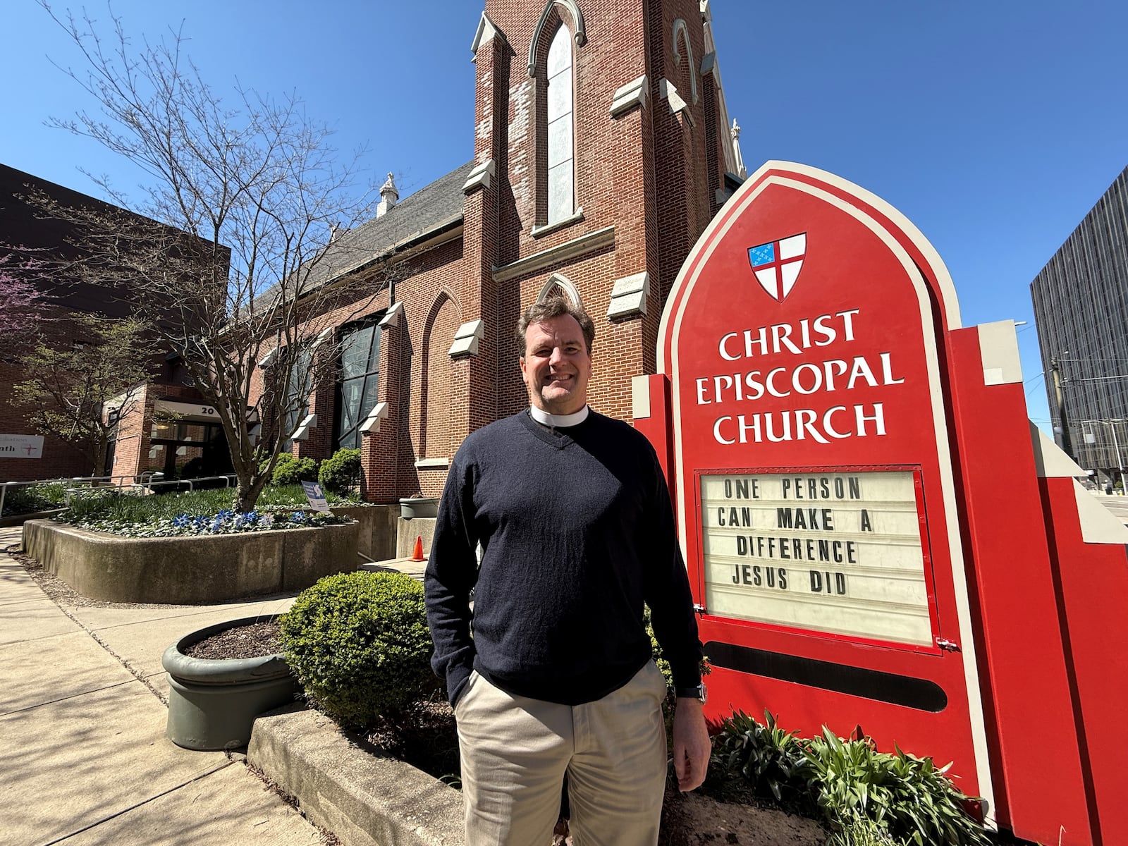 Rev. Peter Homeyer with Christ Episcopal Church at 20 W. First St. in downtown Dayton. The church, which is inside the NATO Village security perimeter, will provide a sanctuary for peace every day during the NATO Parliamentary Assembly from Thursday to Monday. CORNELIUS FROLIK / STAFF