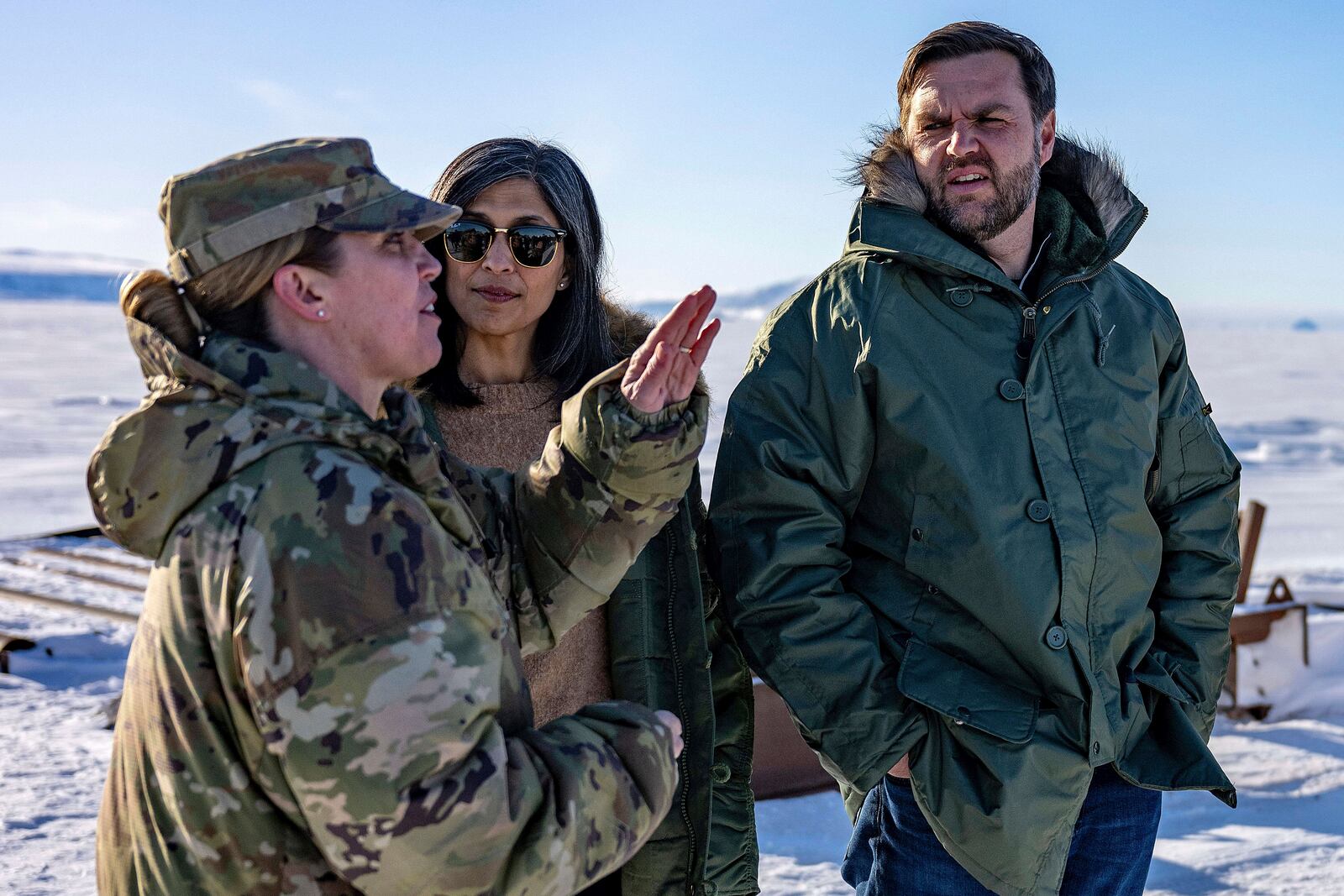 Vice President JD Vance and second lady Usha Vance listen to Col. Susan Meyers as they tour the U.S. military's Pituffik Space Base in Greenland, Friday, March 28, 2025. (Jim Watson/Pool via AP, File)