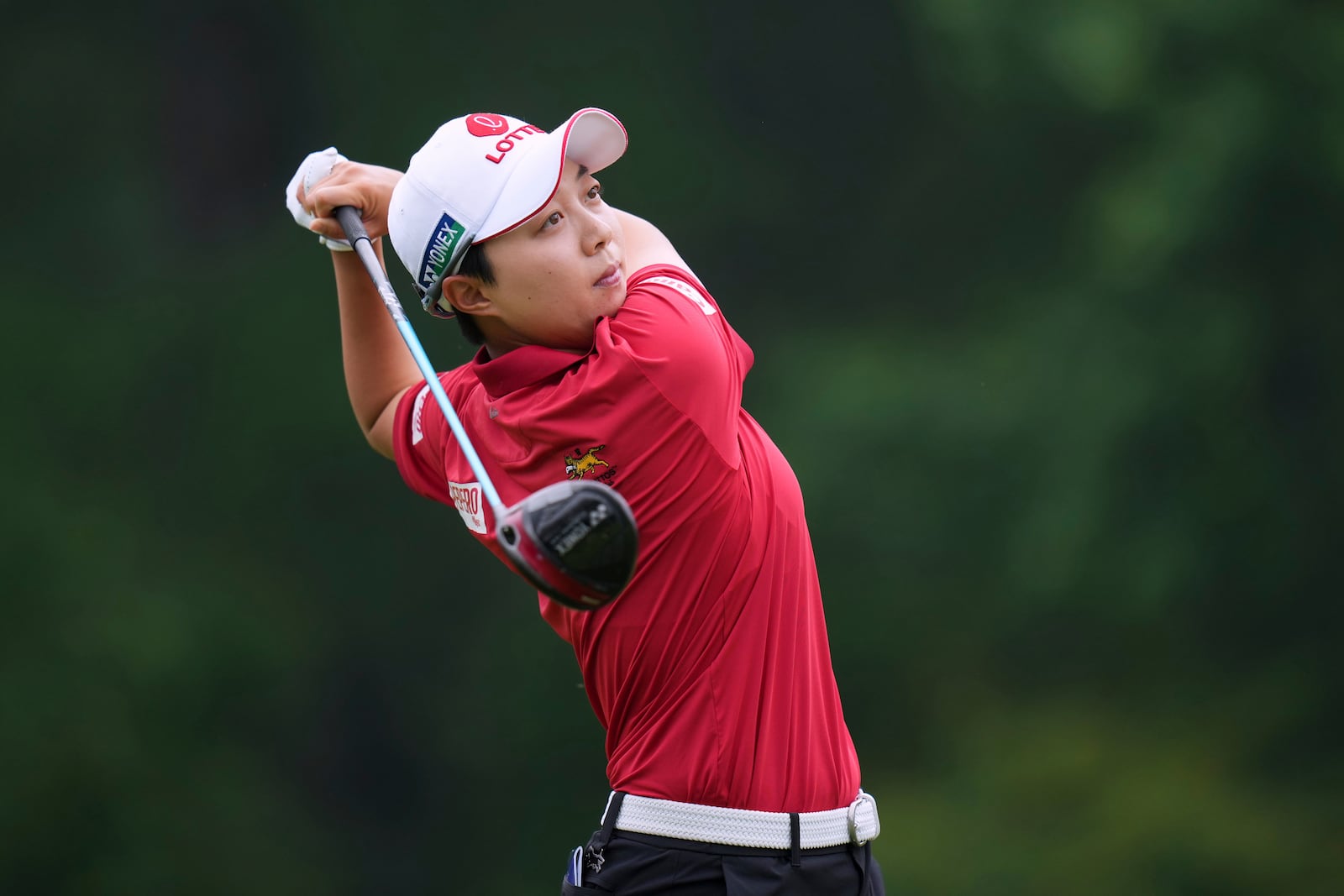 Hyo Joo Kim, of South Korea, hits on the tenth hole during the second round of the Chevron Championship LPGA golf tournament Friday, April 25, 2025, in The Woodlands, Texas. (AP Photo/Eric Gay)