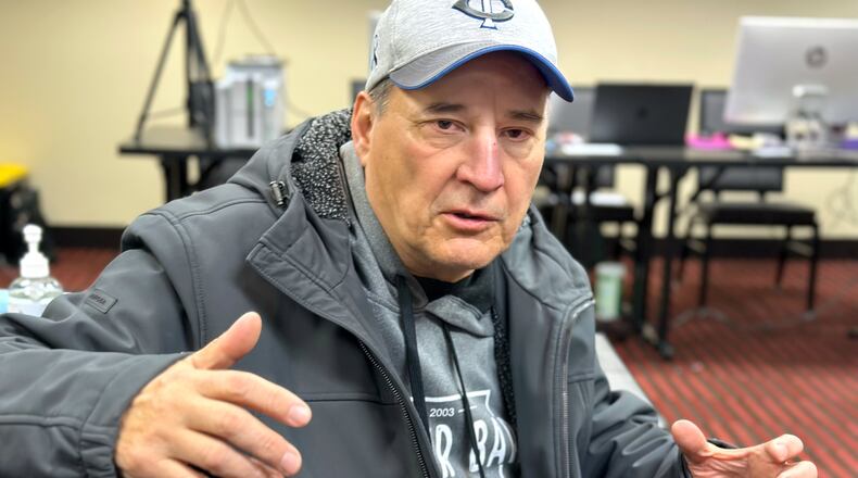Faron Houle, a citizen of the Turtle Mountain Band of Chippewa, speaks about applying for a tribal identification card at a pop-up event in Minneapolis on Friday, Jan. 23, 2026. (Stewart Huntington/ICT via AP)