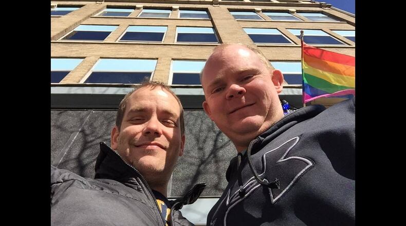 Jerid Martel (left) and his partner Matt Ross outside of MJ's on Jefferson. The owners are selling the bar and entertainment venue to three of its employees, Martel said on his Facebook page Aug. 13, 2020. FILE/CONTRIBUTED