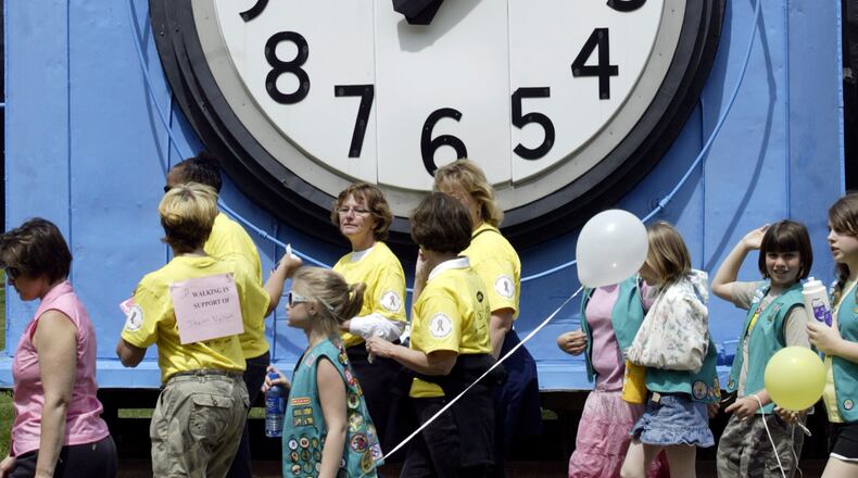 The former Gem City/Callahan clock, taken in this May 2009 photo at Carillon Park, the clock’s current home. FILE.