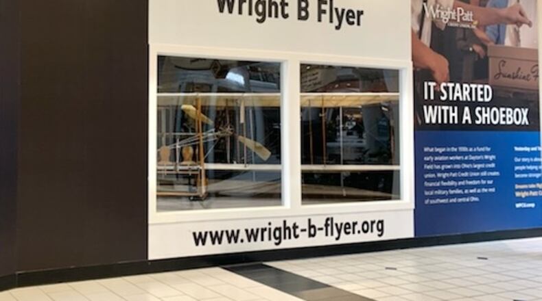 The Wright B. Flyer exhibit, located inside of the main entrance at the Mall at Fairfield Commons.