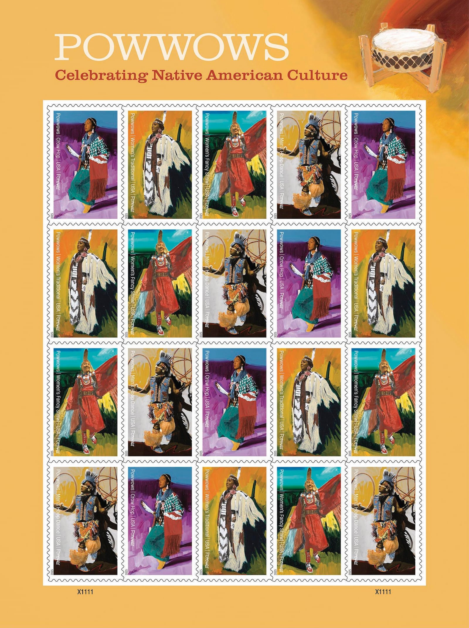 This image provided by the U.S. Postal Service shows a panel of new postage stamps commemorating Native American powwows. (U.S. Postal Service via AP)