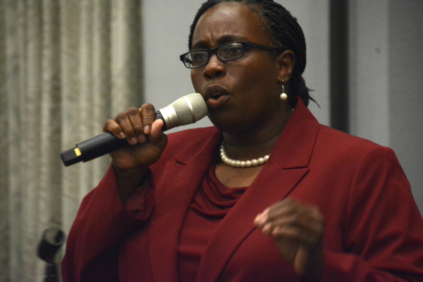 Miami University and the Journal-News presented a series of debates this election cycle, including Thursday night’s Oct. 18, 2018 8th Ohio Congressional District debate. Pictured is Vanessa Enoch, a Democrat from West Chester Twp., during Thursday’s debate in the Wilks Conference Center at Miami University Regionals in Hamilton. MICHAEL D. PITMAN/STAFF