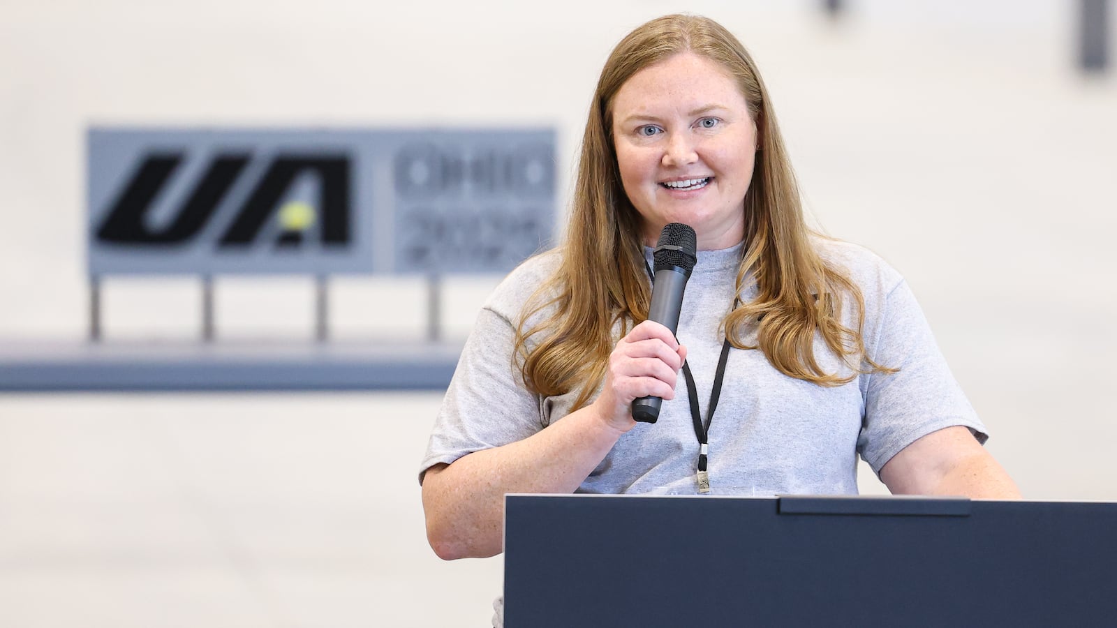 United Alloy CEO Vanessa Dubick speaks during an event on Tuesday at the company's Union Airpark Boulevard facility. The company plans to hire 400 workers at the facility. BRYANT BILLING / STAFF