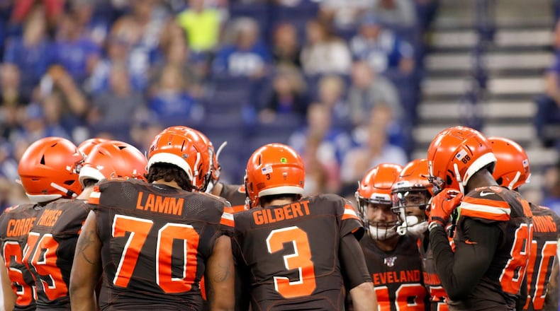 INDIANAPOLIS, INDIANA - AUGUST 17: Garrett Gilbert #3 and the Cleveland Browns huddle up during the preseason game against the Indianapolis Colts at Lucas Oil Stadium on August 17, 2019 in Indianapolis, Indiana. (Photo by Justin Casterline/Getty Images)