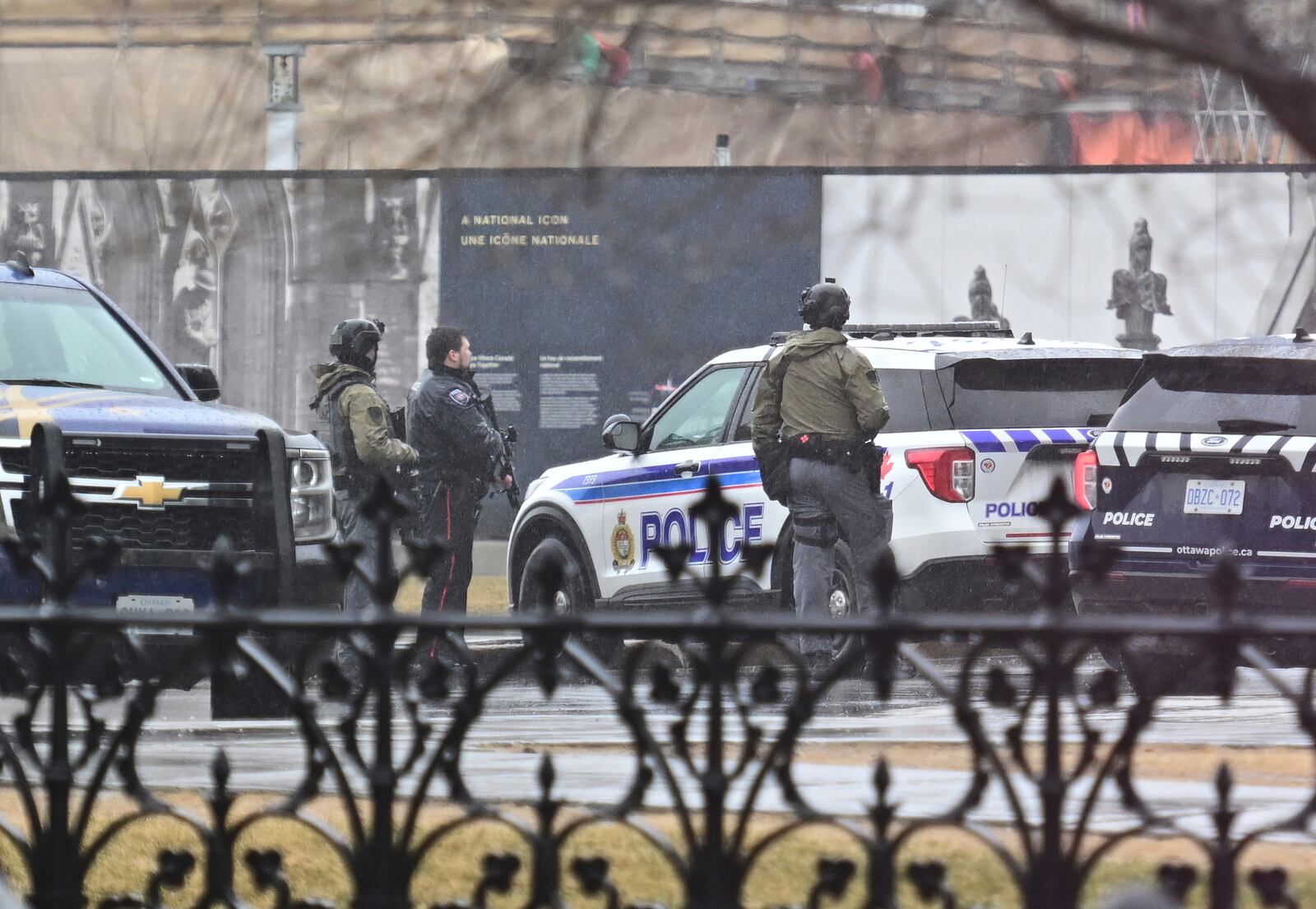 Canadian police investigate an incident at Parliament Hill in Ottawa, Ontario, Saturday April 5, 2025. (Spencer Colby/The Canadian Press via AP)