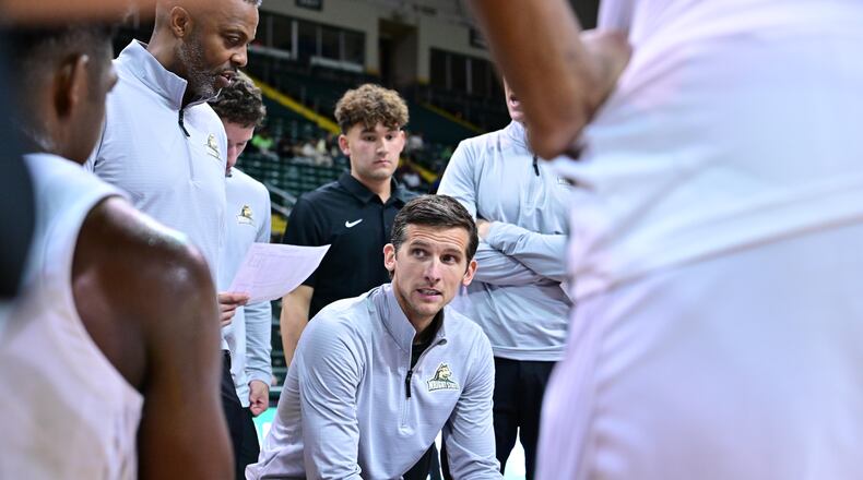 Wright State coach Clint Sargent talks to his team in a timeout during an exhibition game vs. Wilmington at the Nutter Center on Oct. 26, 2024. Joe Craven/Wright State Athletics