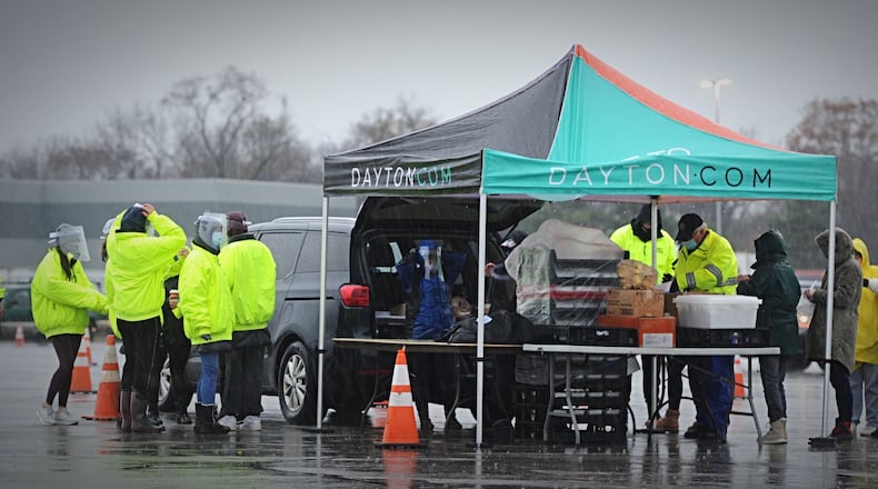 People braved a cold and chilly morning to line up for free Thanksgiving meals Wednesday morning in 2020. The turkey dinner takeaway is through Miami Valley Meals in collaboration with the MVM Coalition. Cars lined up at UD Arena and Trotwood Madison High School for the packaged meals. MARSHALL GORBY/STAFF