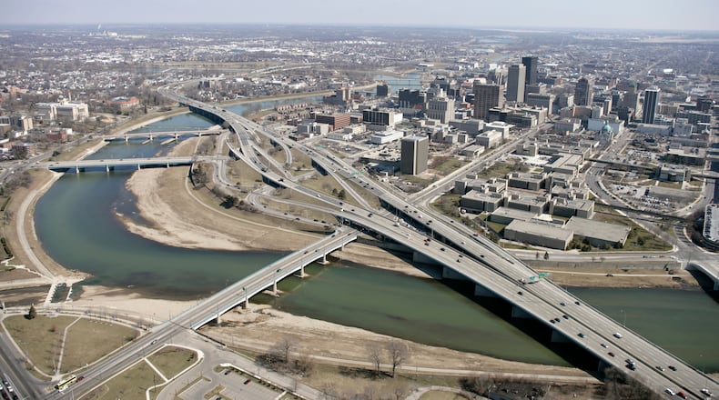 An aerial view of downtown Dayton with the Great Miami River, from 2005. TY GREENLEES/STAFF