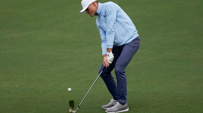 Amateur, Austin Greaser hits to the second hole during the second round at the Masters golf tournament on Friday, April 8, 2022, in Augusta, Ga. (AP Photo/Matt Slocum)