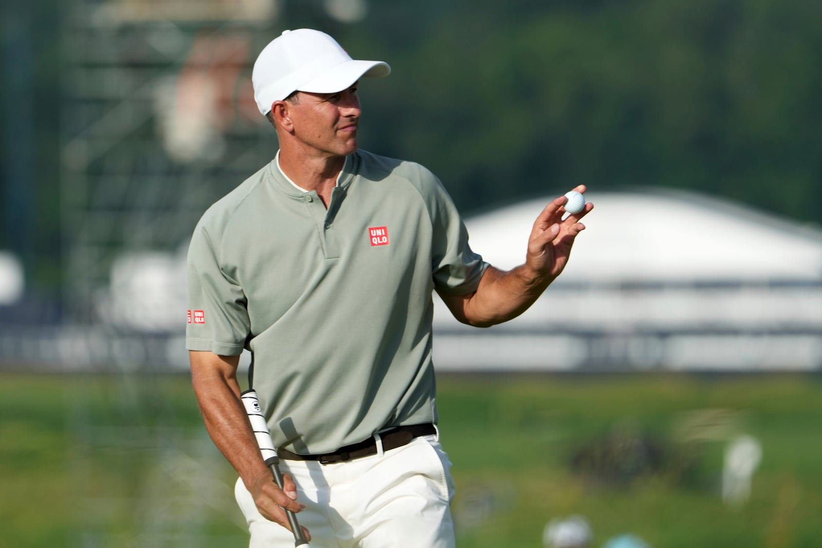 Adam Scott, of Australia, celebrates after making a putt on the 14th hole during the third round of the U.S. Open golf tournament at Oakmont Country Club Saturday, June 14, 2025, in Oakmont, Pa. (AP Photo/Gene J. Puskar)