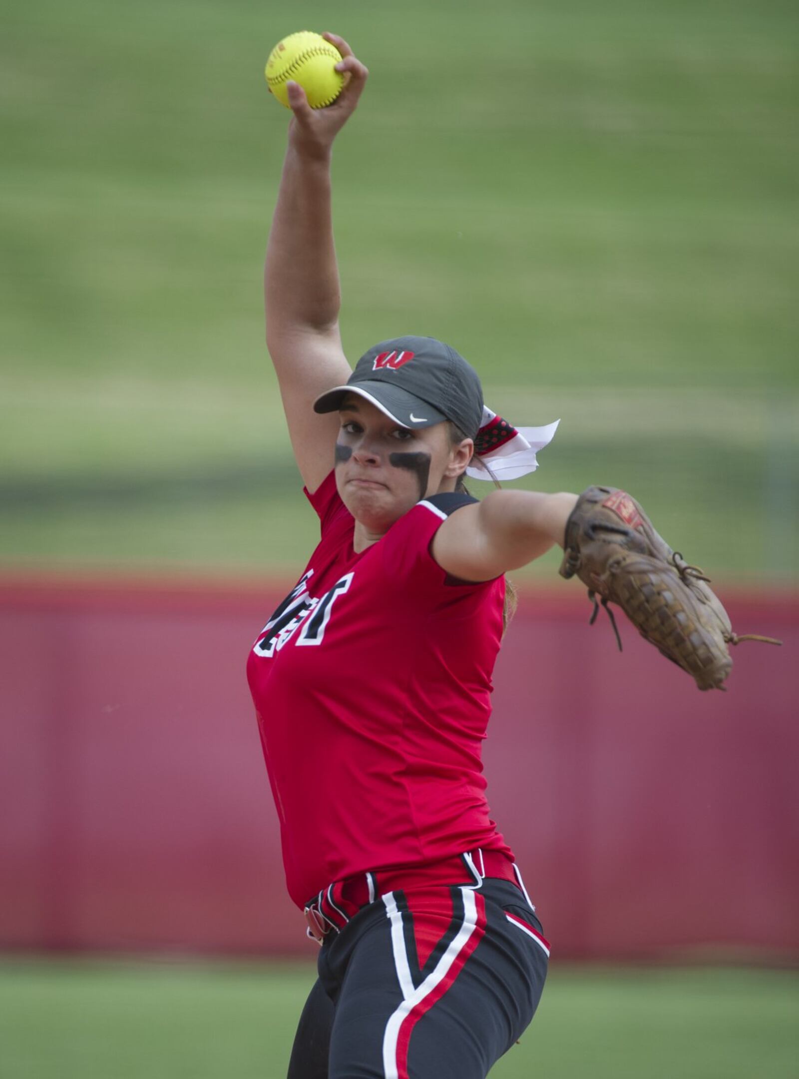 Lakota West’s Stephanie Maldonado winds up to throw a pitch during Thursday afternoon’s 2-1 Division I state semifinal win over Perrysburg at Firestone Stadium in Akron. PHIL LONG/OHIO PRESS PHOTO SYSTEM