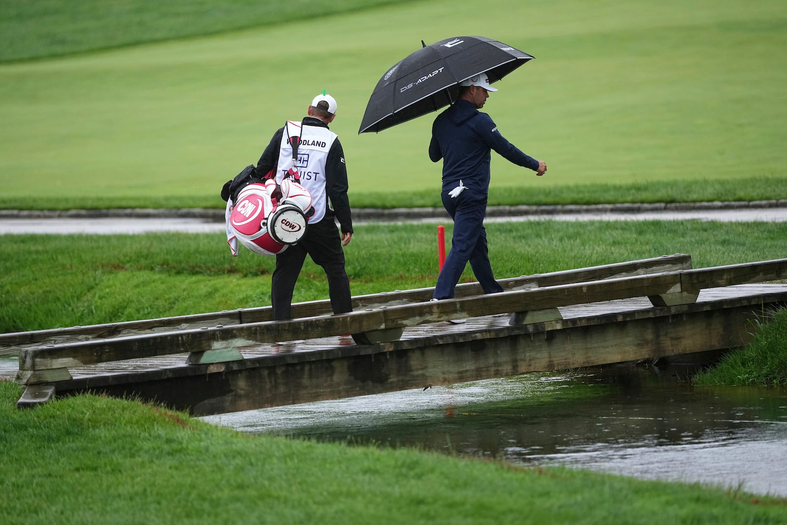 Gary Woodland walks on the 13th hole during the second round of the Truist Championship golf tournament at the Philadelphia Cricket Club, Friday, May 9, 2025, in Flourtown. (AP Photo/Matt Rourke)
