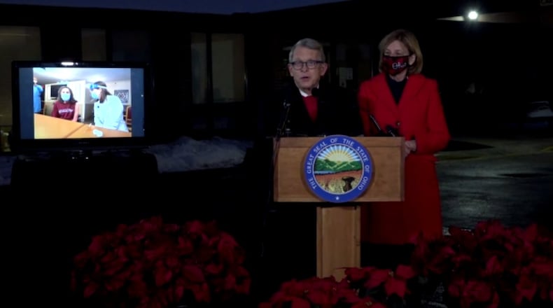 Gov. Mike DeWine was in Columbus Friday morning as Ohio's first nursing home resident received the coronavirus vaccination. Photo courtesy Gov. Mike DeWine's Office
