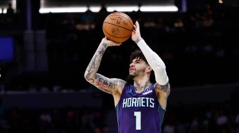 Charlotte Hornets guard LaMelo Ball shoots a jump shot against the Atlanta Hawks during the first half of an NBA basketball game in Charlotte, N.C., Wednesday, Feb. 11, 2026. (AP Photo/Nell Redmond)